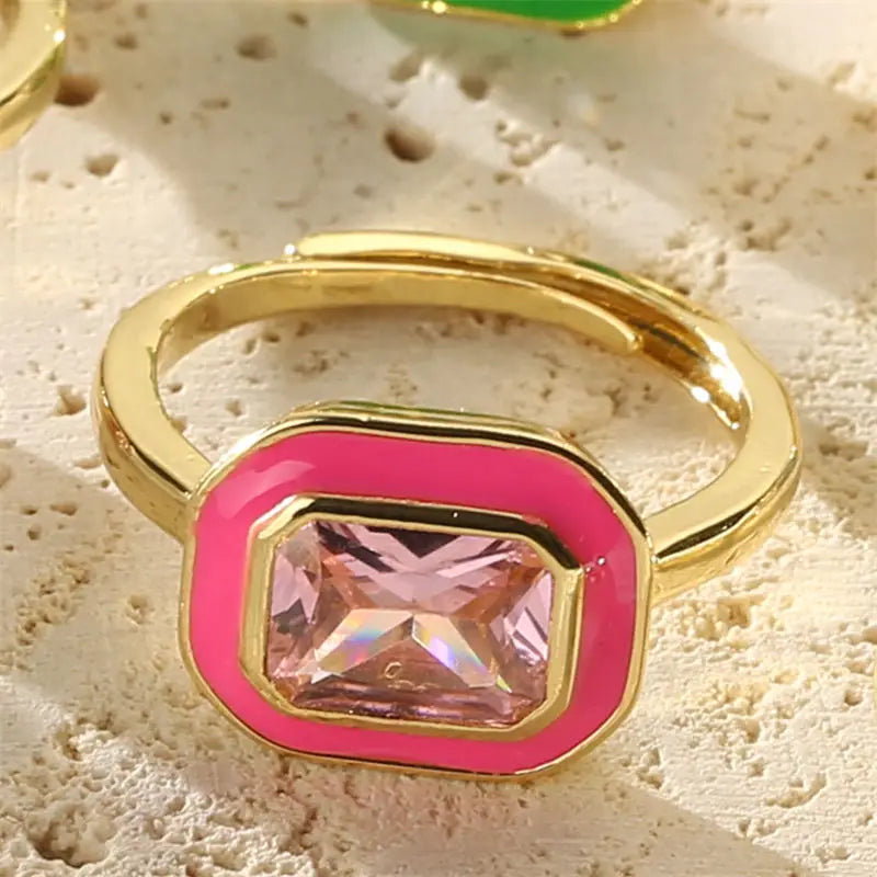 Enamel Zircon Rectangle Ring
