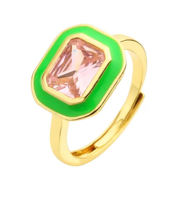 Enamel Zircon Rectangle Ring