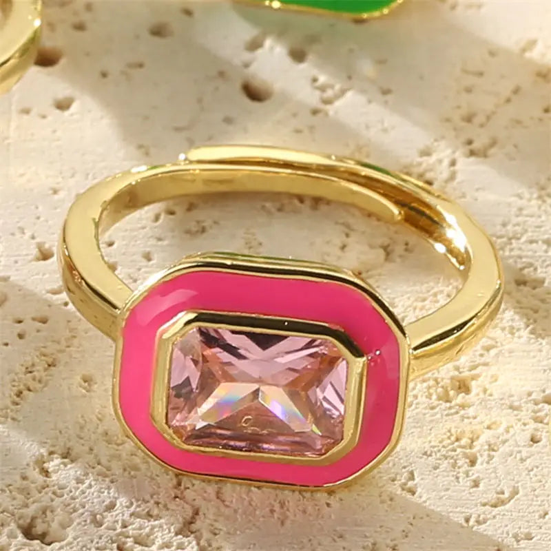 Enamel Zircon Rectangle Ring
