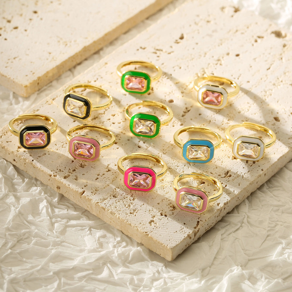 Enamel Zircon Rectangle Ring