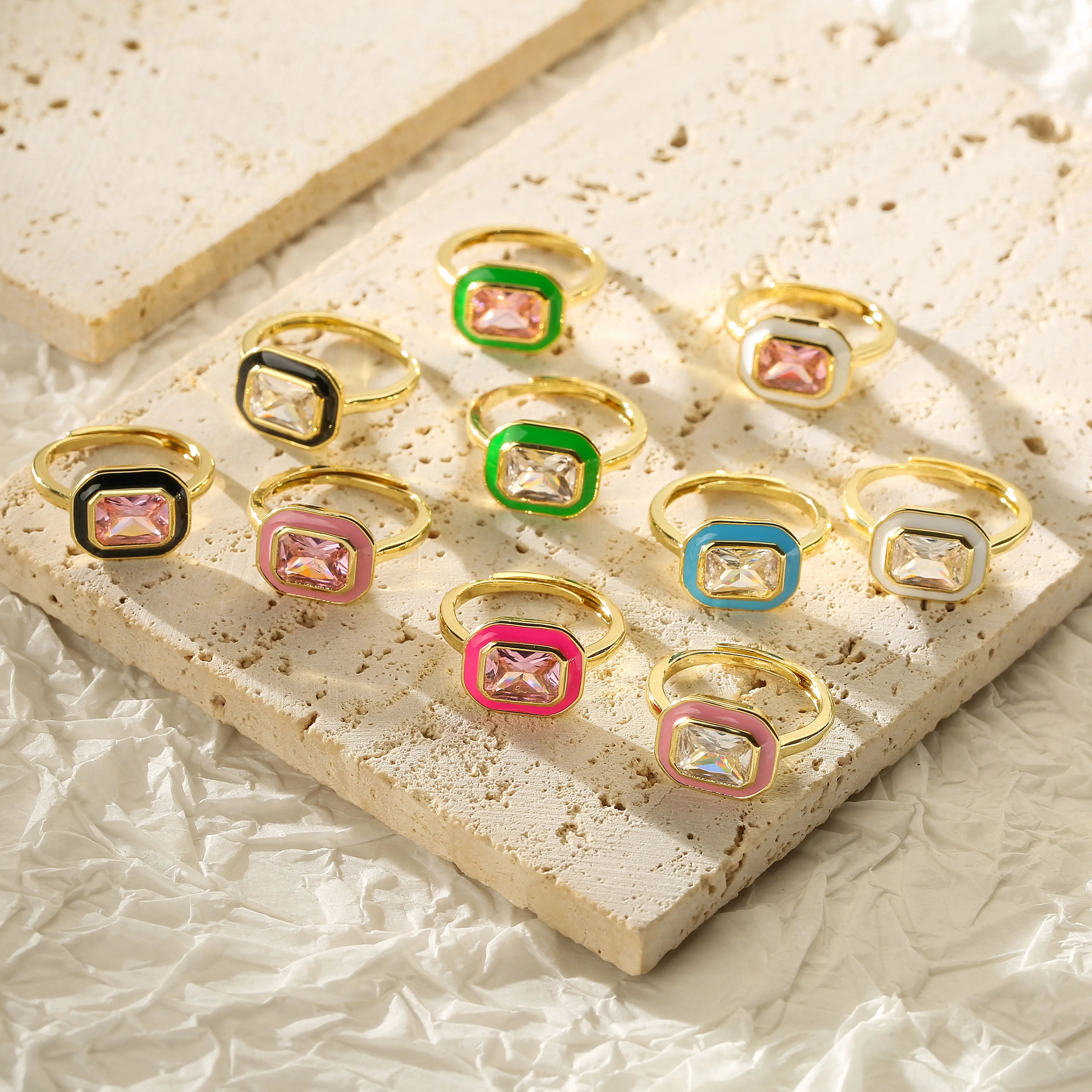 Enamel Zircon Rectangle Ring