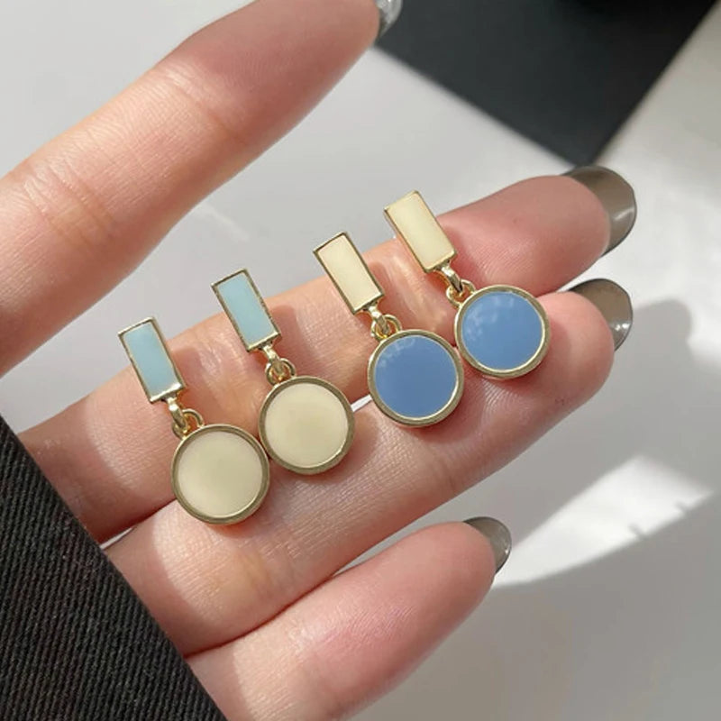 Geometric Rectangle & Round Enamel Dangle Earrings
